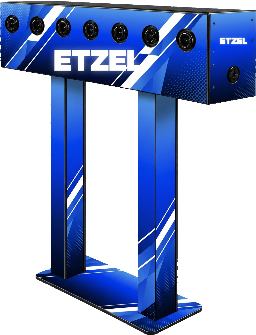 Array multi-camera gantry with seven camera lenses across the top beam, shown in a Etzel custom wrap