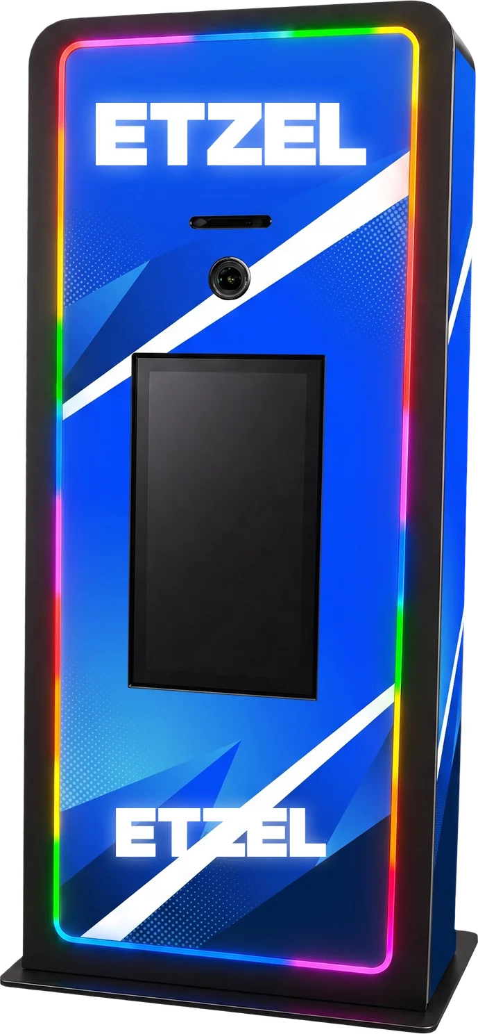 Elevated Kiosk with LED edge lighting, large touch screen, and integrated printer, shown in a Etzel custom wrap