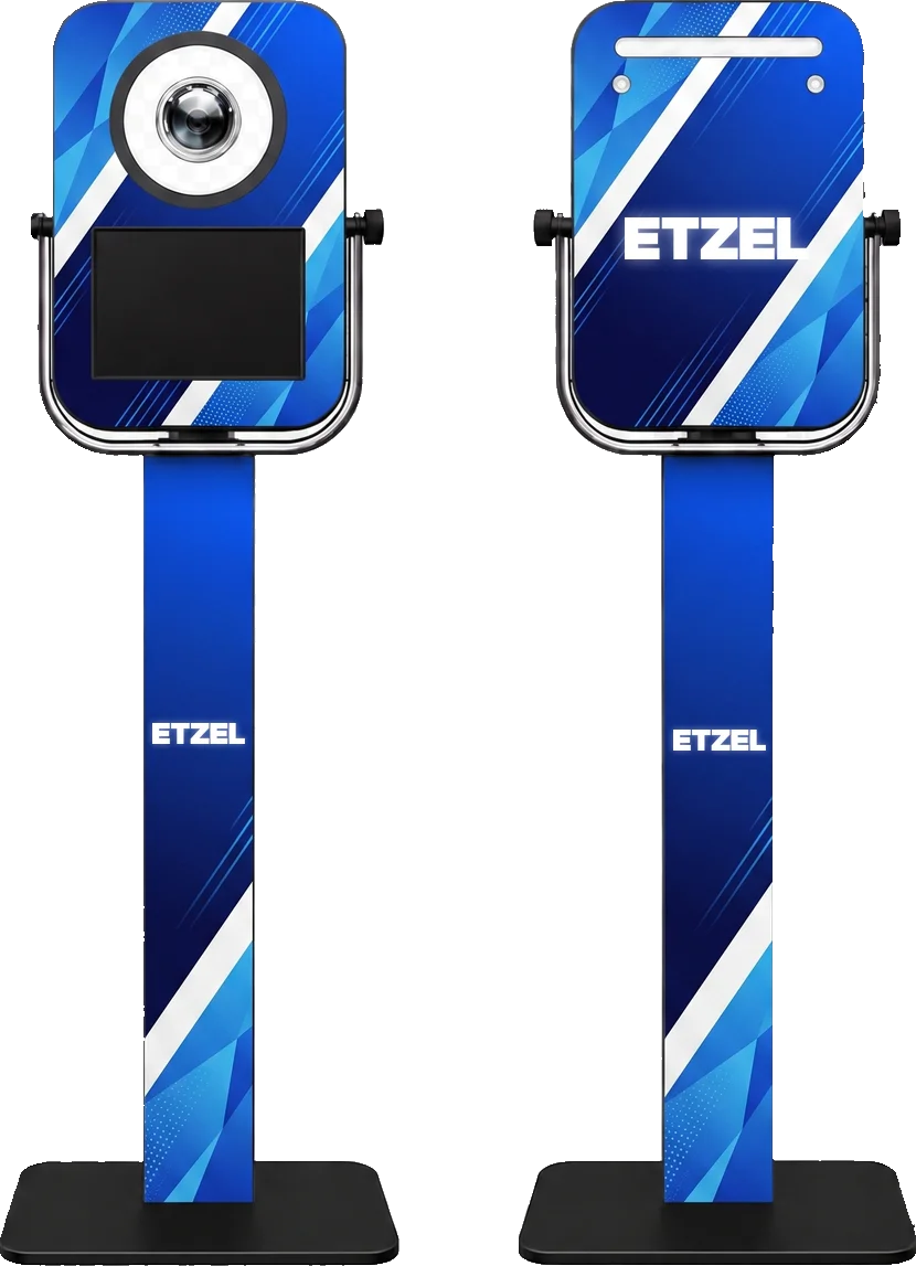 PRO booth, front and back, with adjustable tilting head unit, shown in a Etzel custom wrap