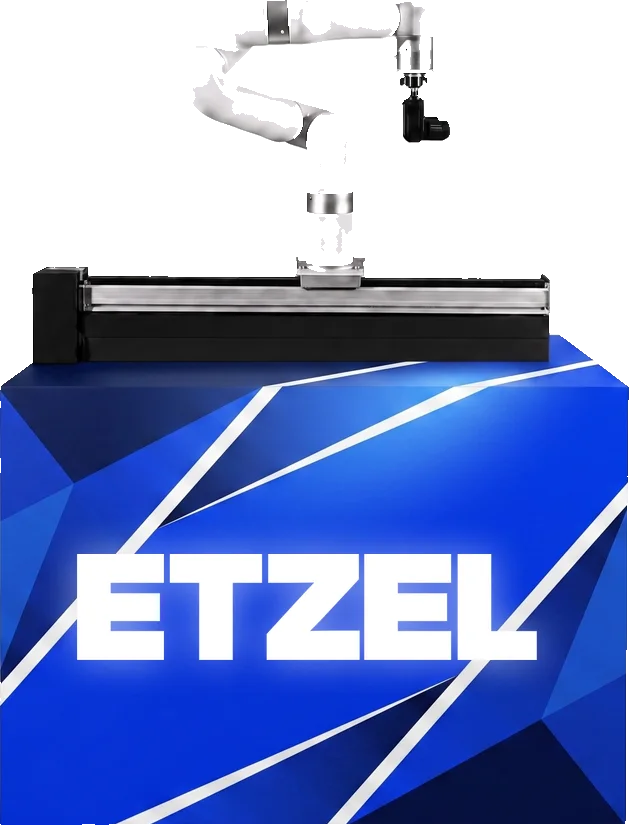 Robotic camera arm mounted on a rail atop a branded base cabinet, shown in a Etzel custom wrap